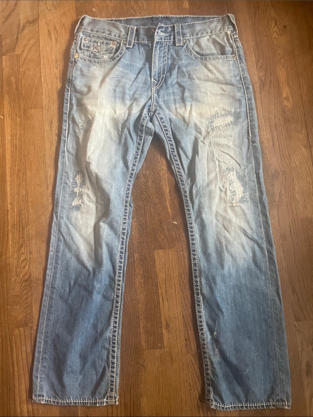 True Religion Light Blue Distressed Straight Jeans